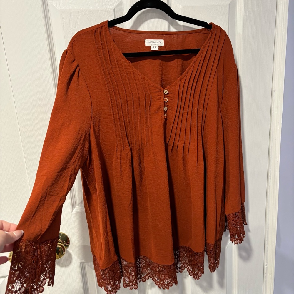 Chic Soul Terracotta Blouse with Lace Trim